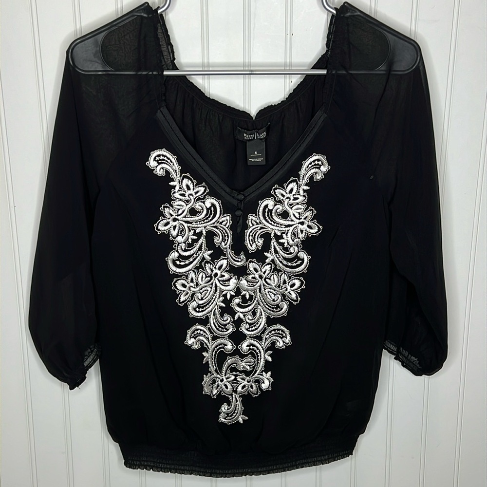 White House Black Market Sheer 3/4 Sleeves Evening Top Size Small